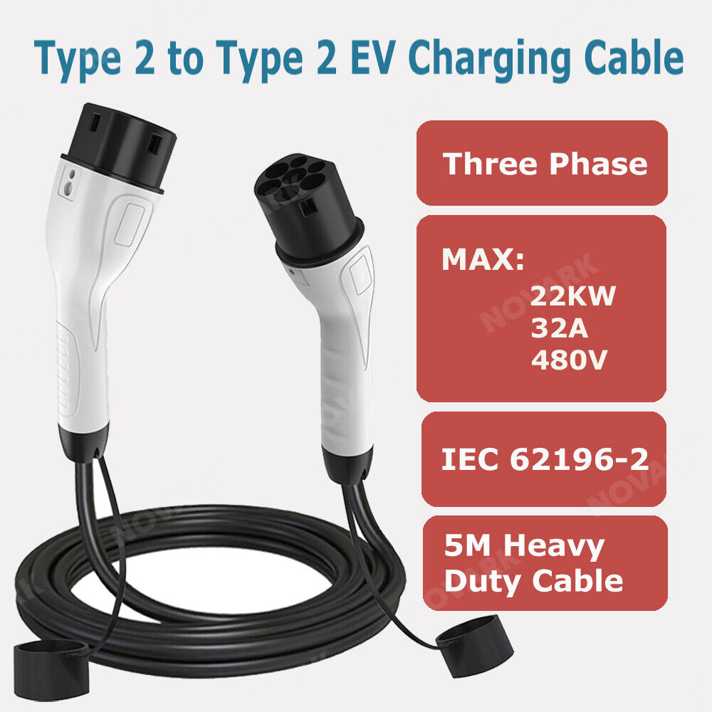 Type 2 to Type 2 EV Charging Cable 22kW/7kW, 5M/7M/10M, 32A 1/3Phase for all EV